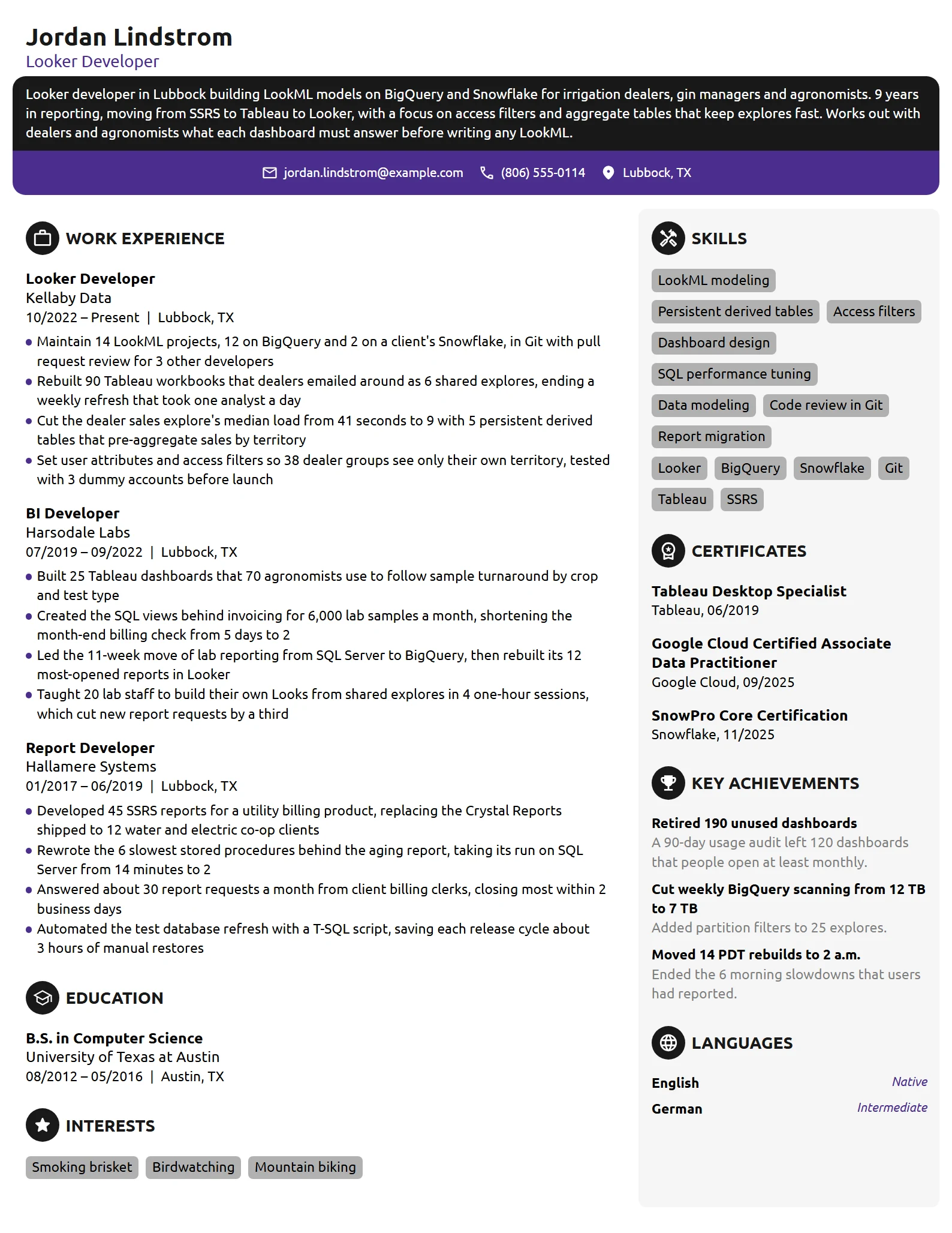 Looker Developer resume example