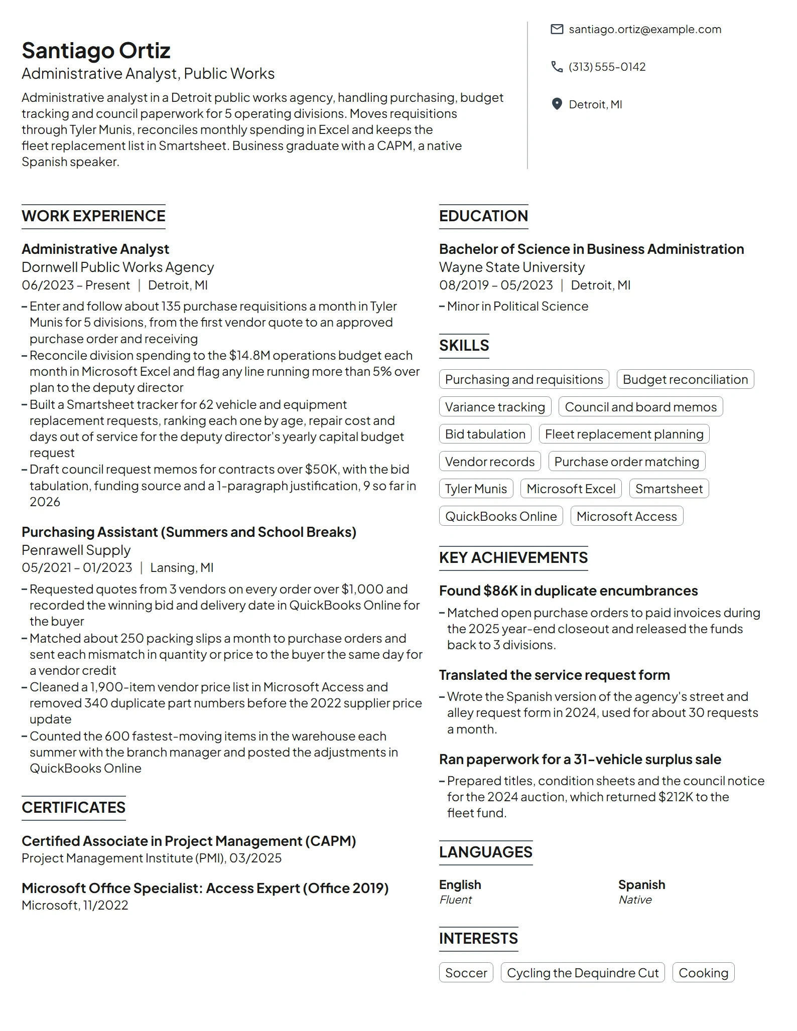 Administrative Analyst resume example