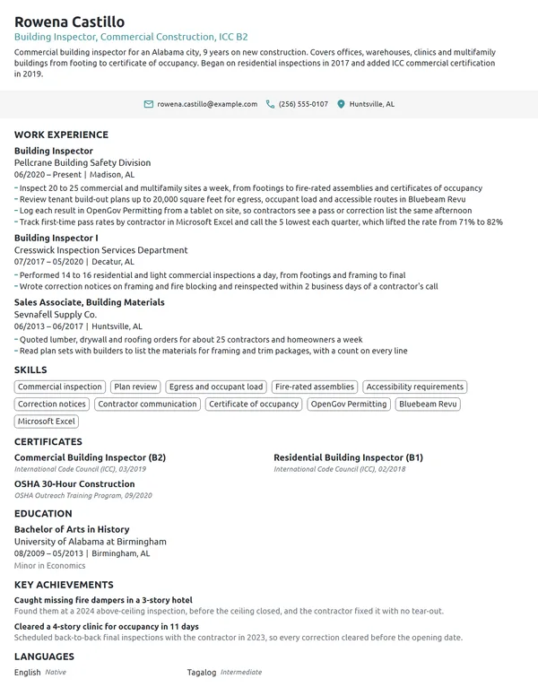 Building Inspector resume example