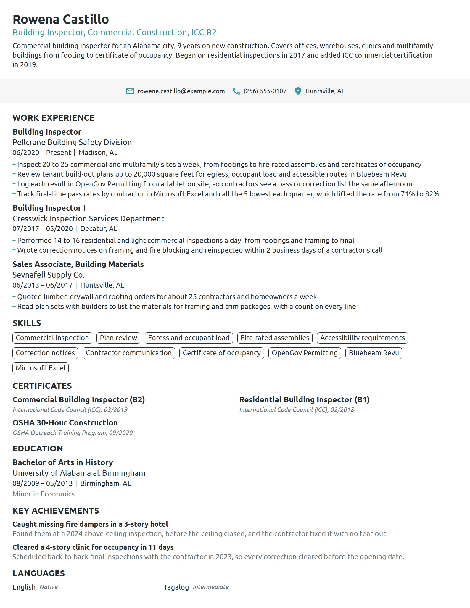 Building Inspector resume example
