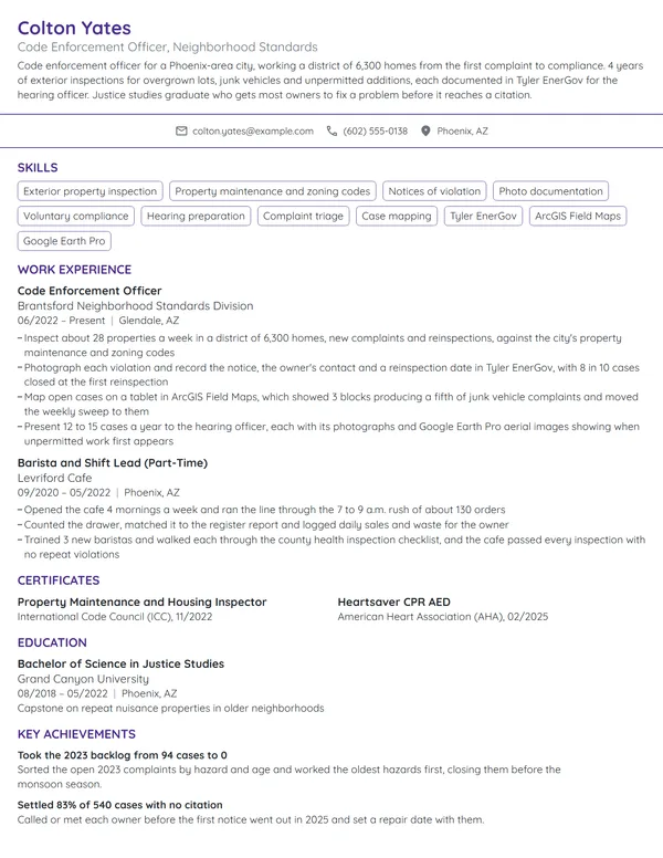 Code Enforcement Officer resume example