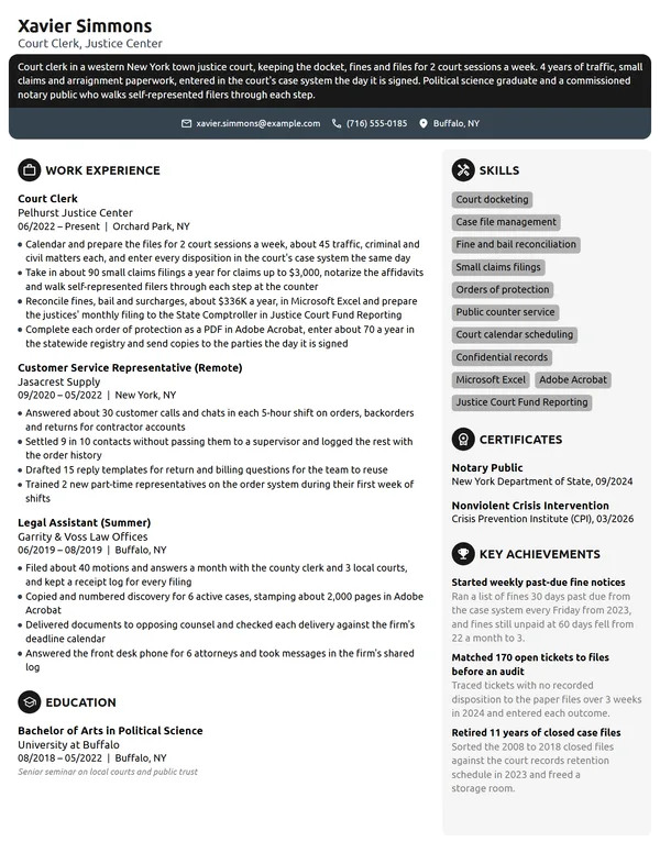 Court Clerk resume example