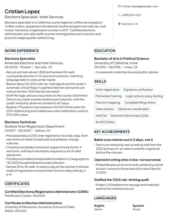 Elections Specialist resume example