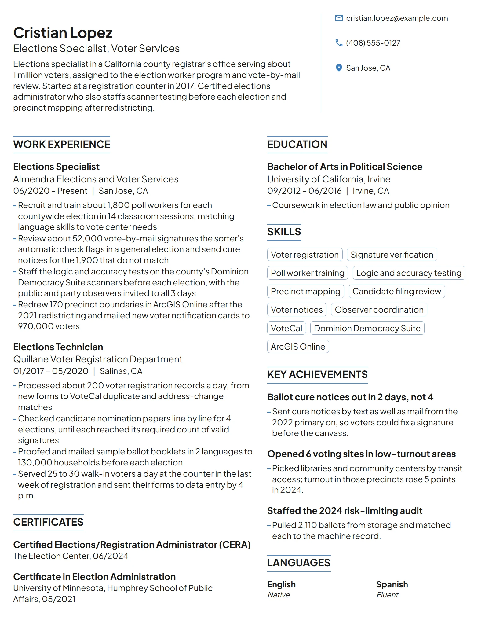 Elections Specialist resume example
