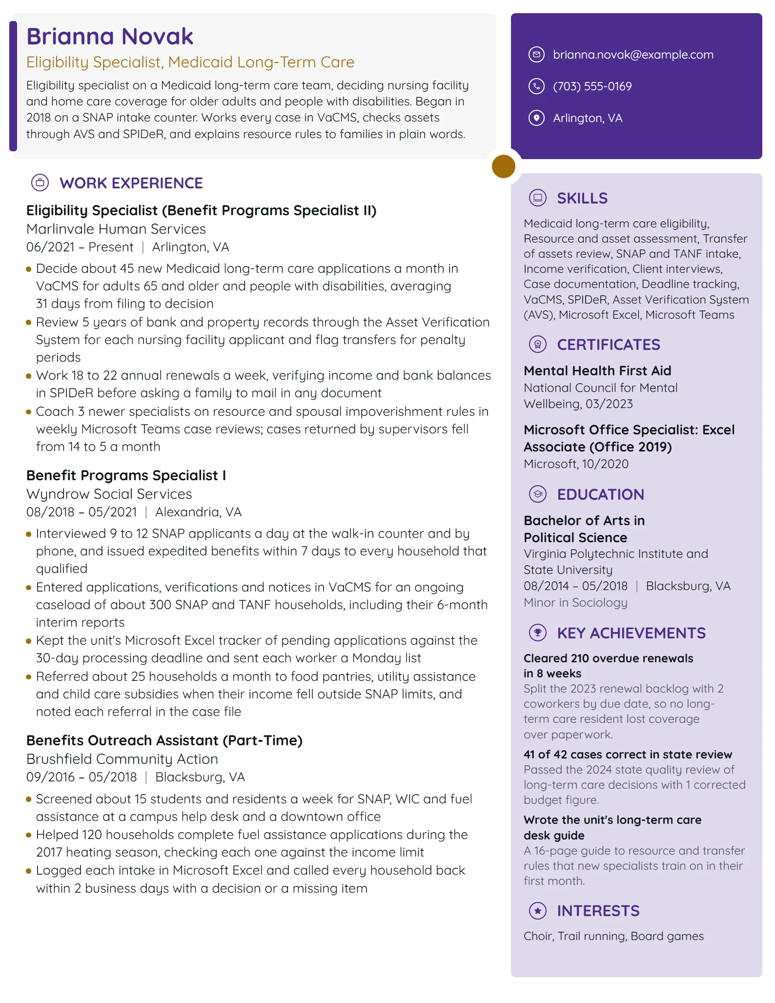 Eligibility Specialist resume example