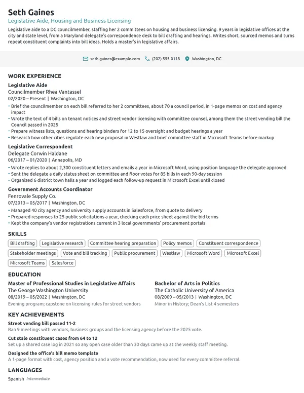 Legislative Aide resume example