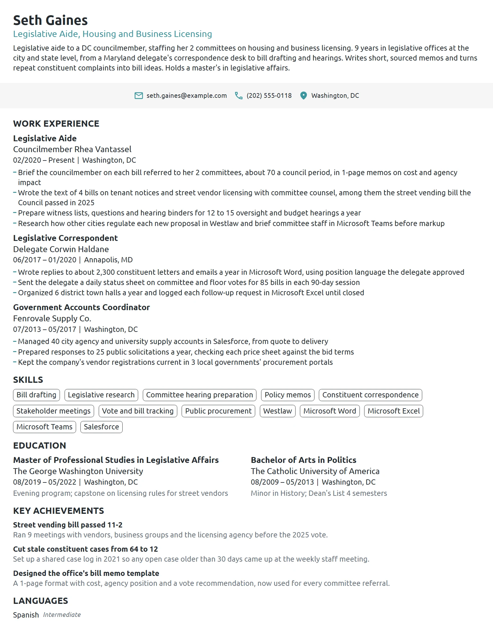 Legislative Aide resume example