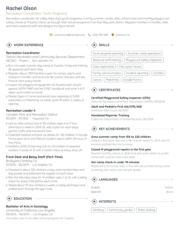 Recreation Coordinator resume example