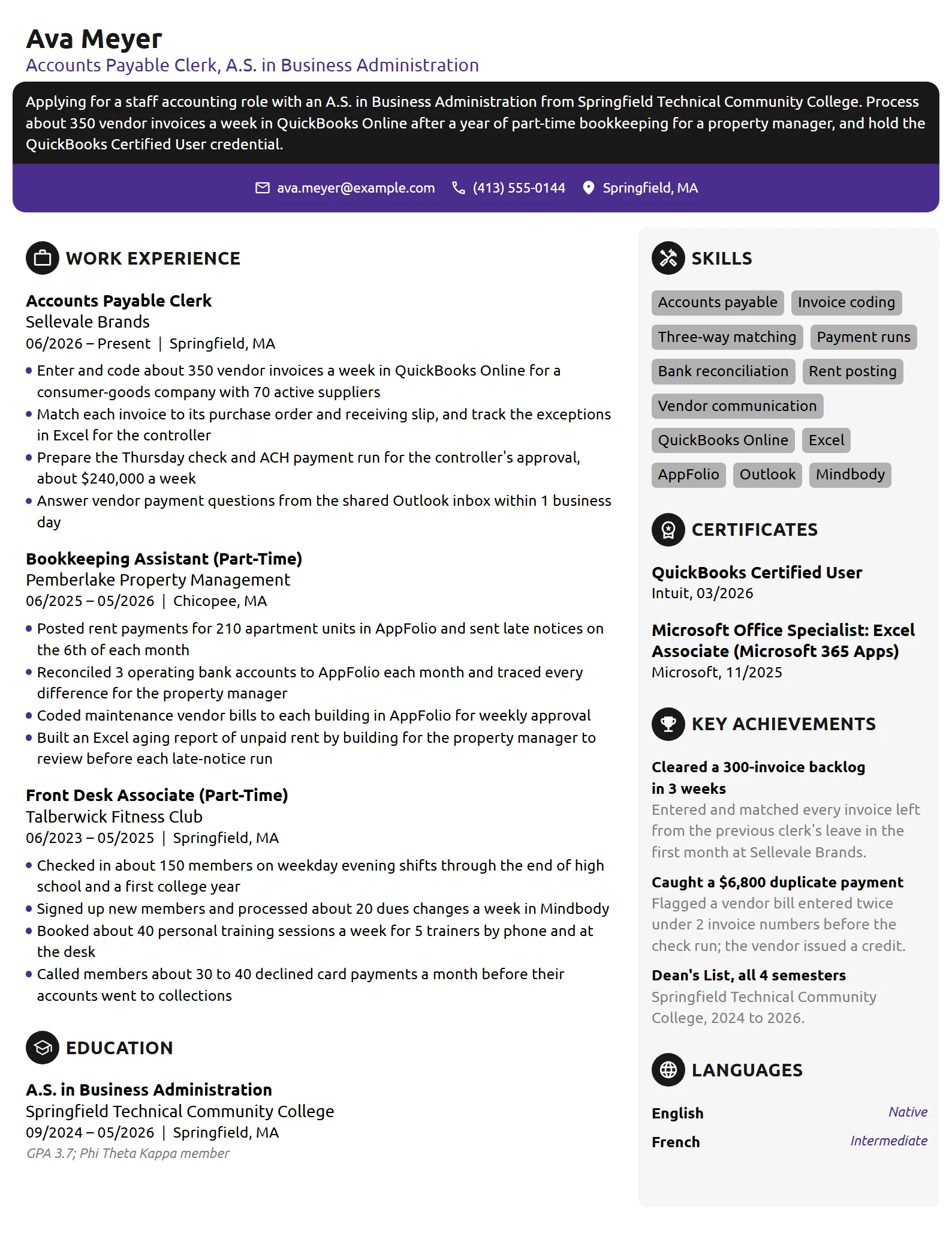 Associate Degree Graduate resume example