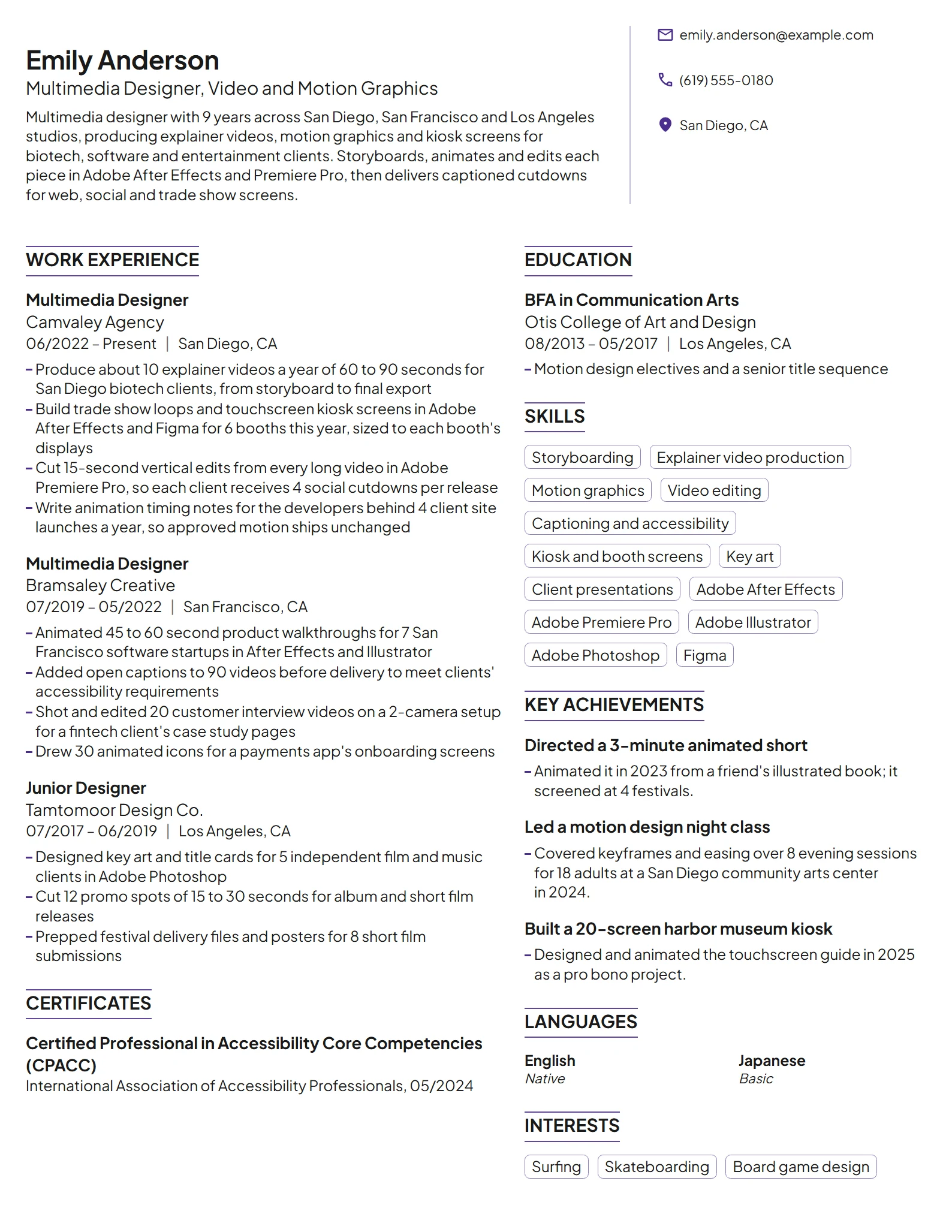 Multimedia Designer resume example