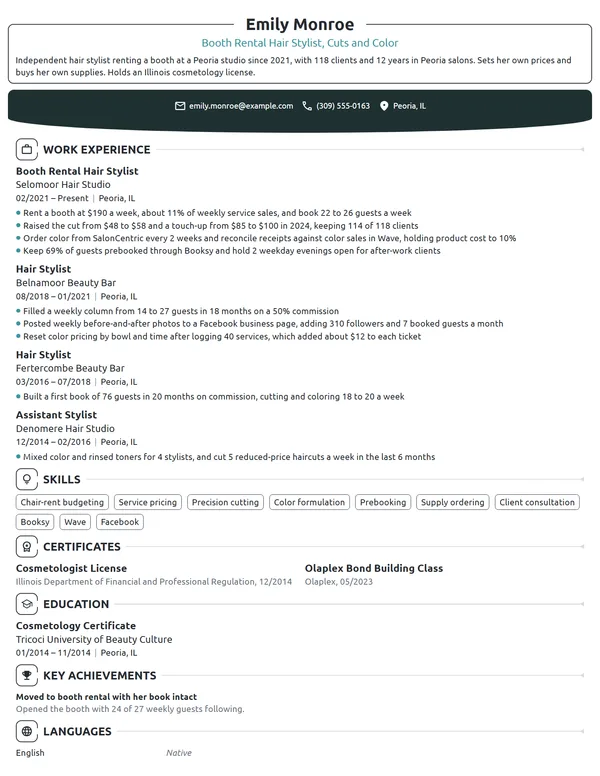 Booth Rental Hair Stylist resume example