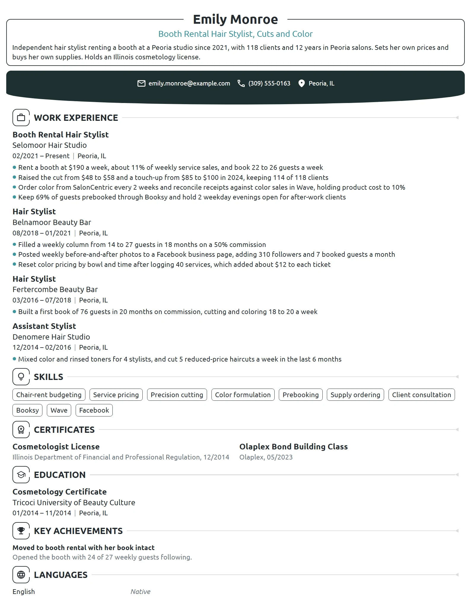 Booth Rental Hair Stylist resume example