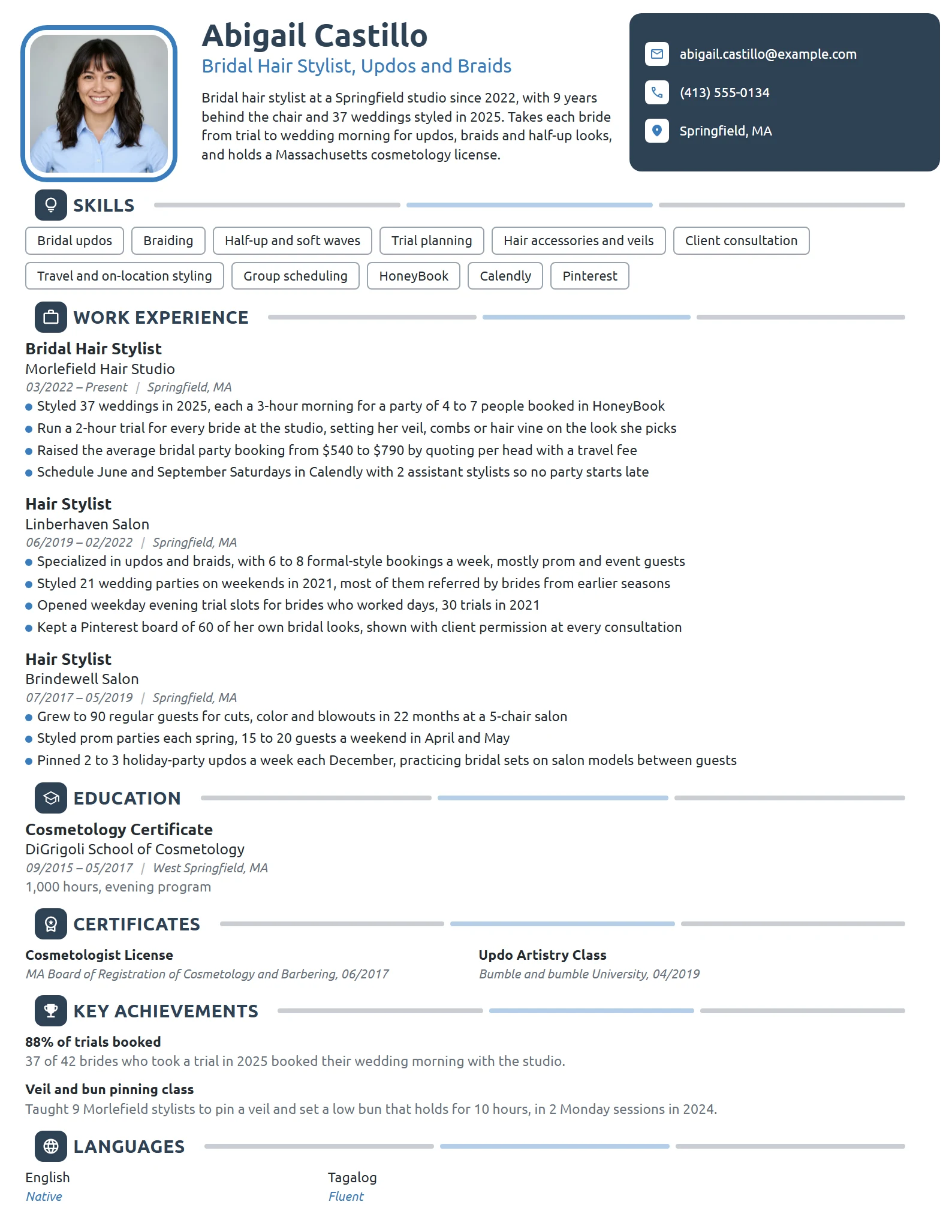 Bridal Hair Stylist resume example