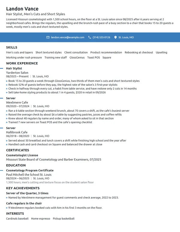 Career Change Hair Stylist resume example