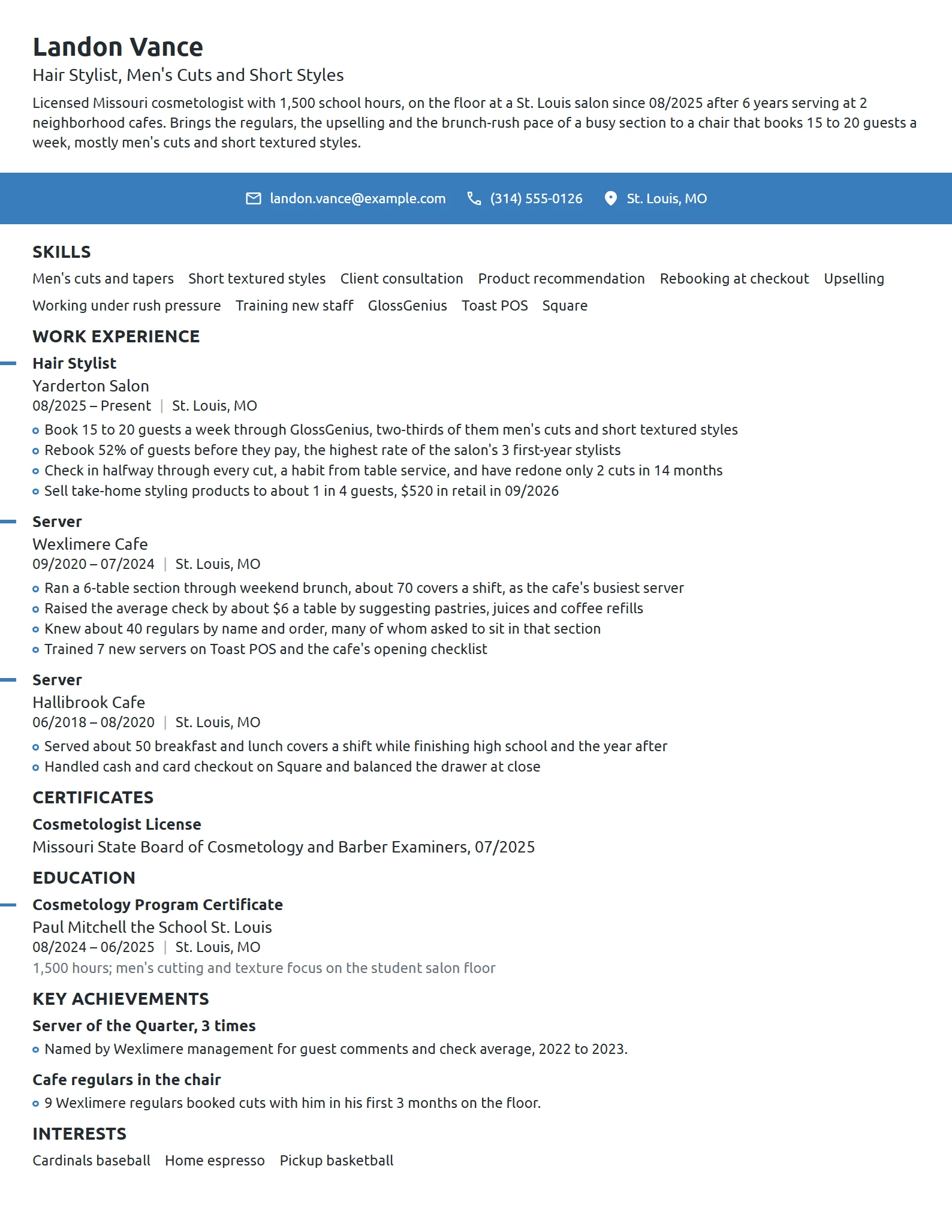 Career Change Hair Stylist resume example