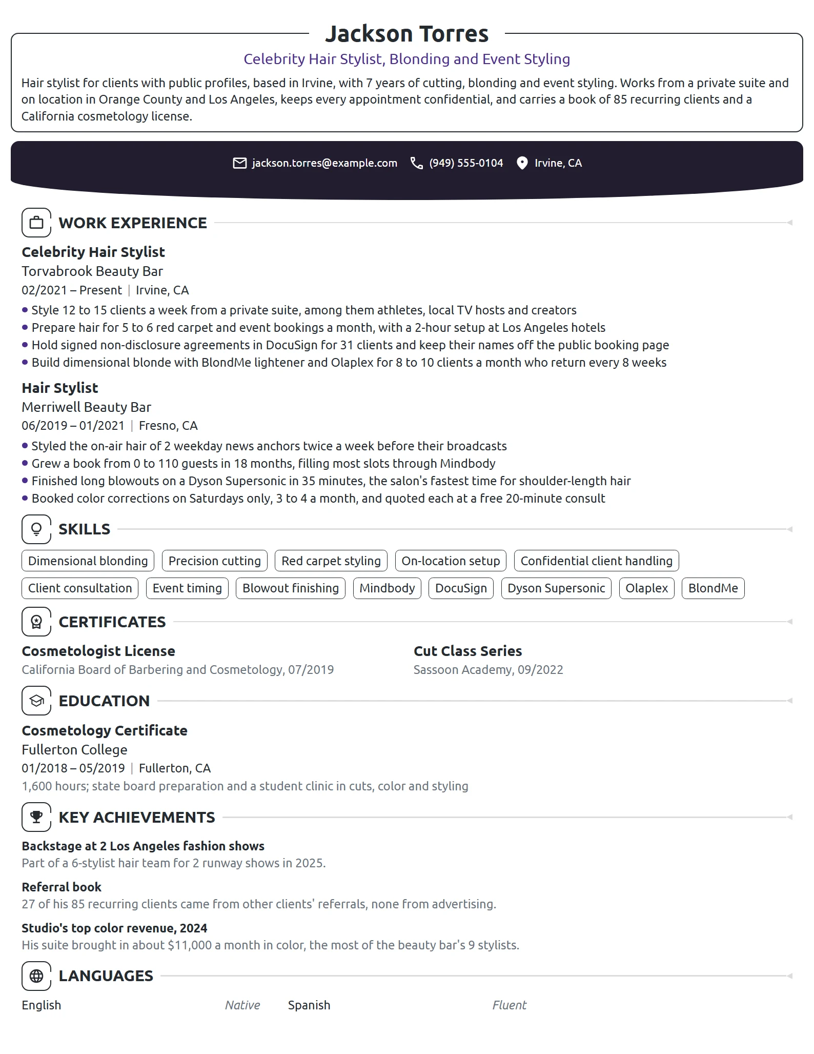 Celebrity Hair Stylist resume example