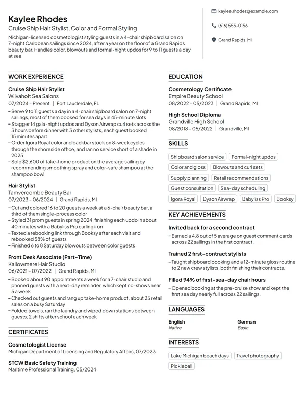 Cruise Ship Hair Stylist resume example