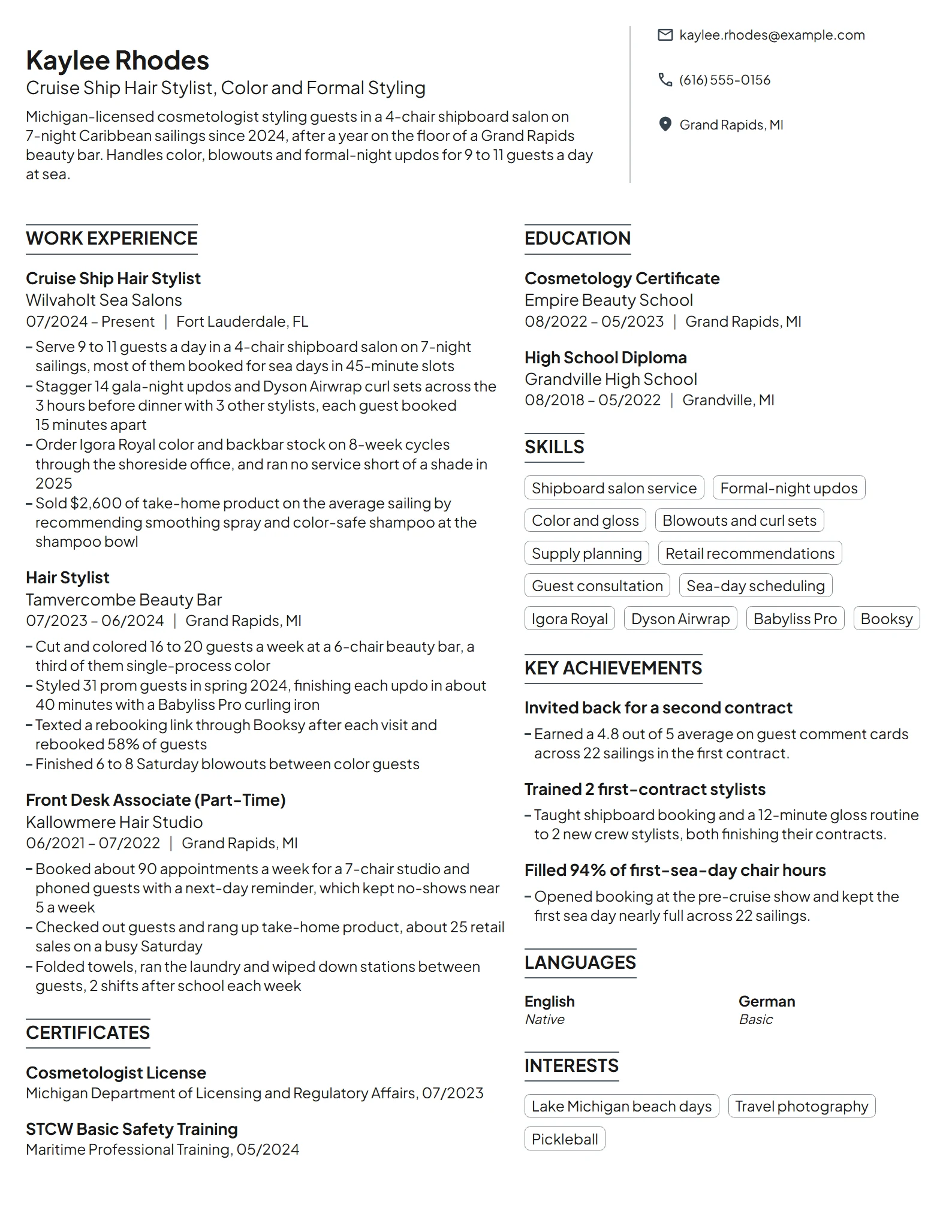 Cruise Ship Hair Stylist resume example