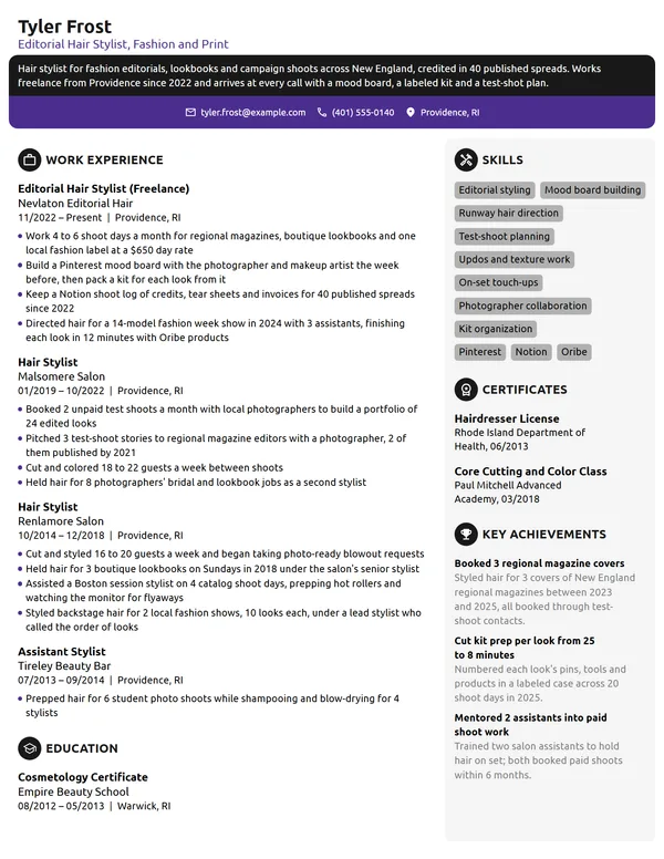 Editorial Hair Stylist resume example