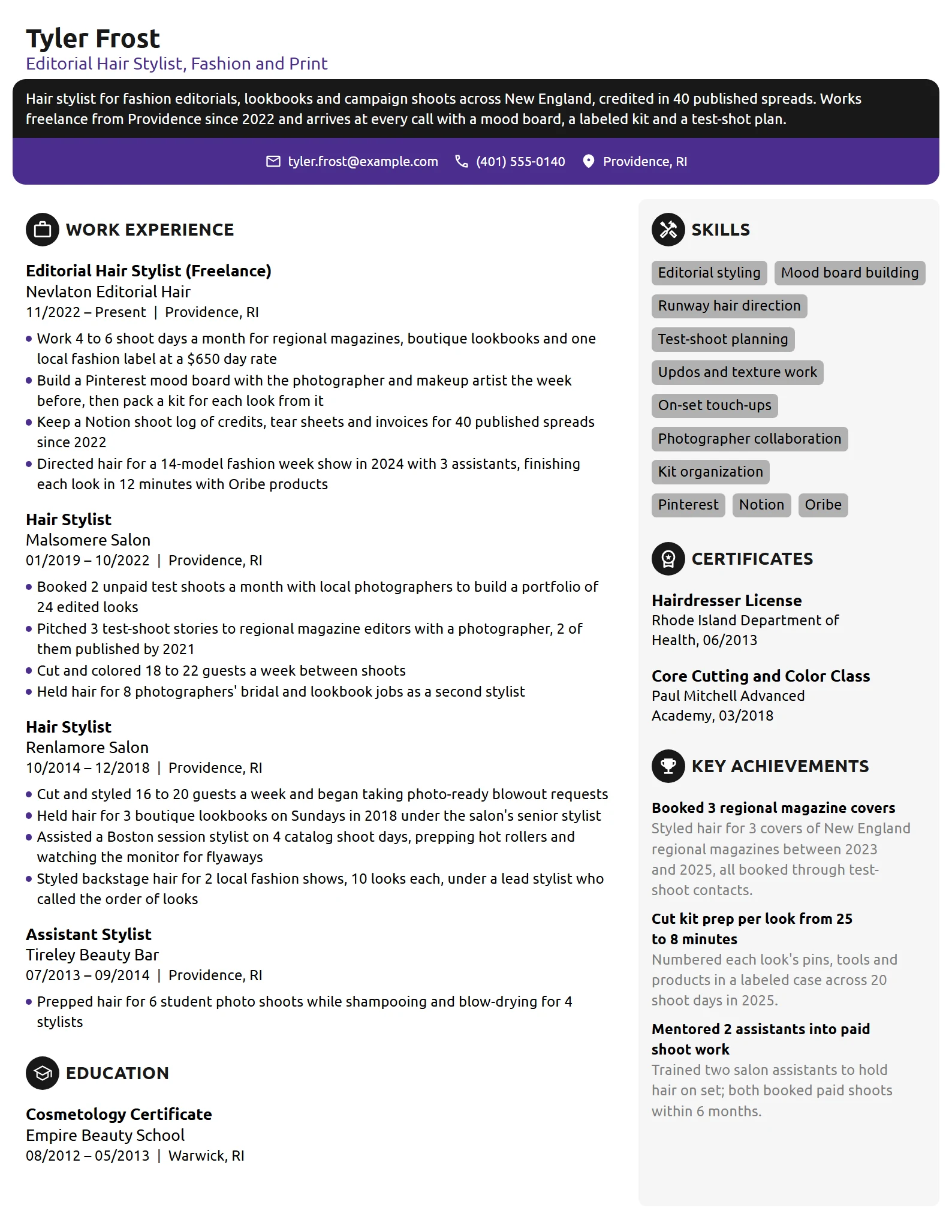 Editorial Hair Stylist resume example