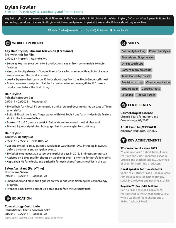Film and TV Hair Stylist resume example