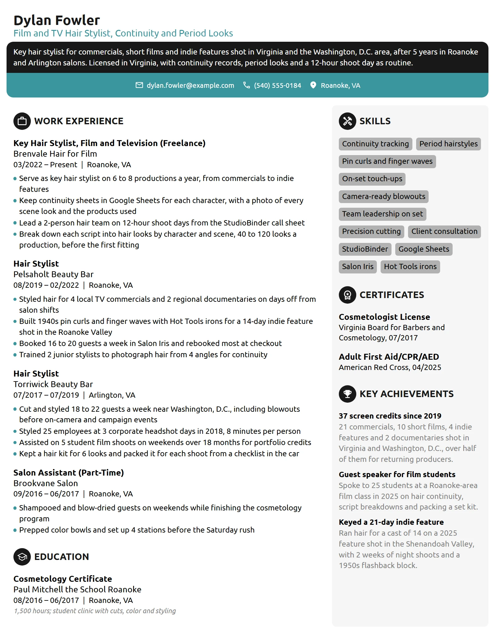 Film and TV Hair Stylist resume example