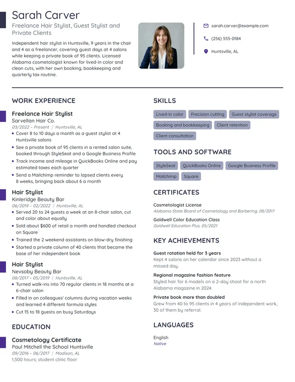 Freelance Hair Stylist resume example
