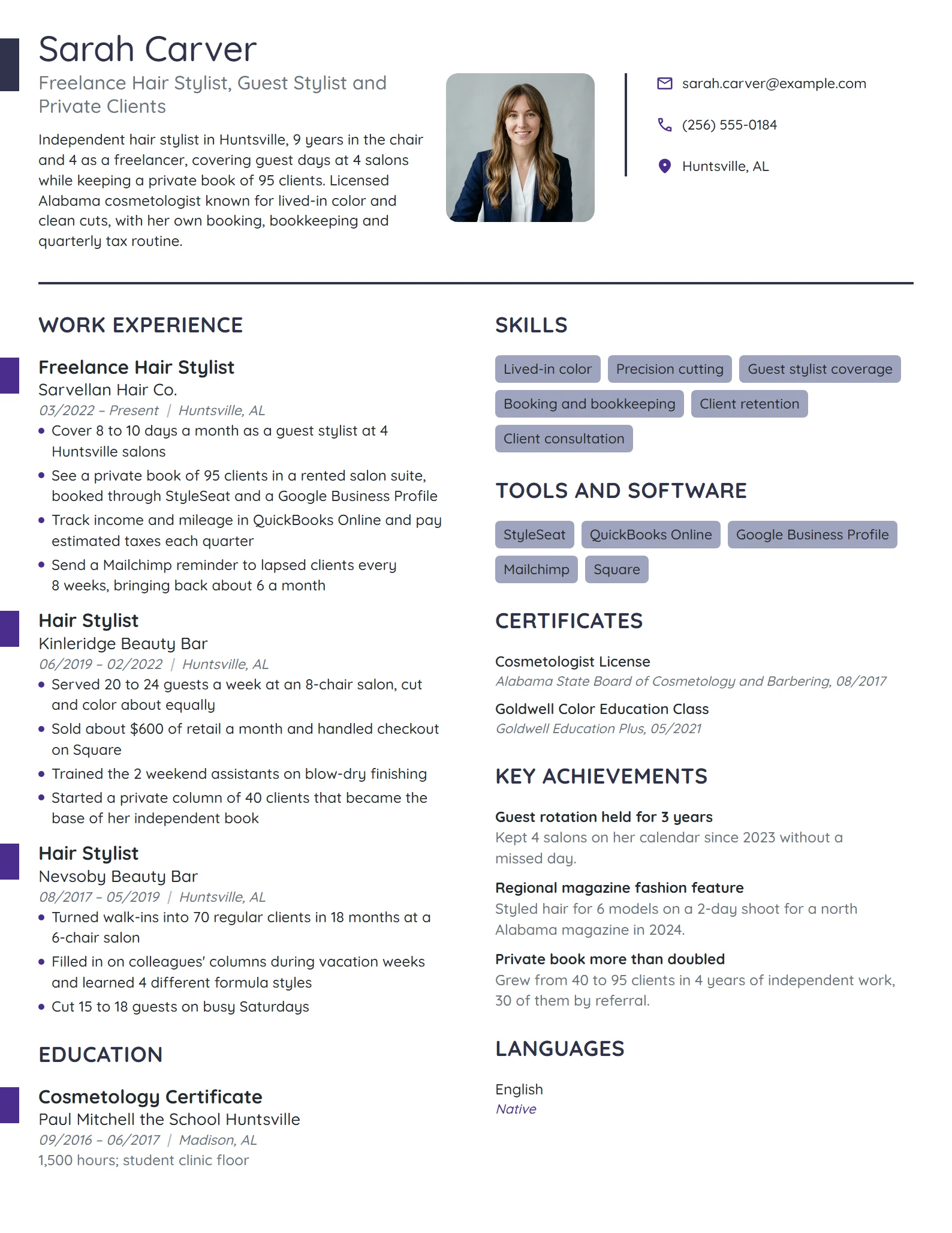 Freelance Hair Stylist resume example