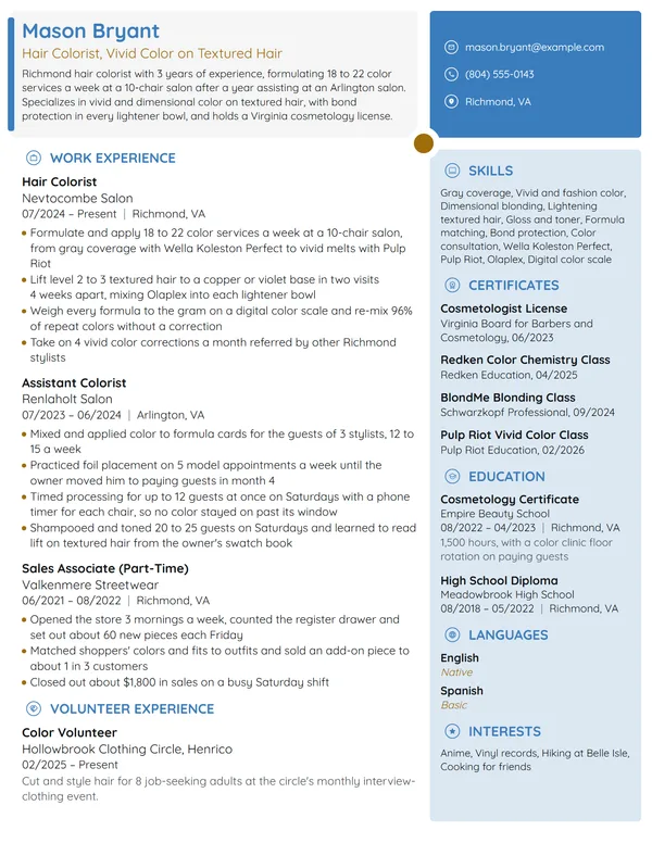 Hair Colorist resume example