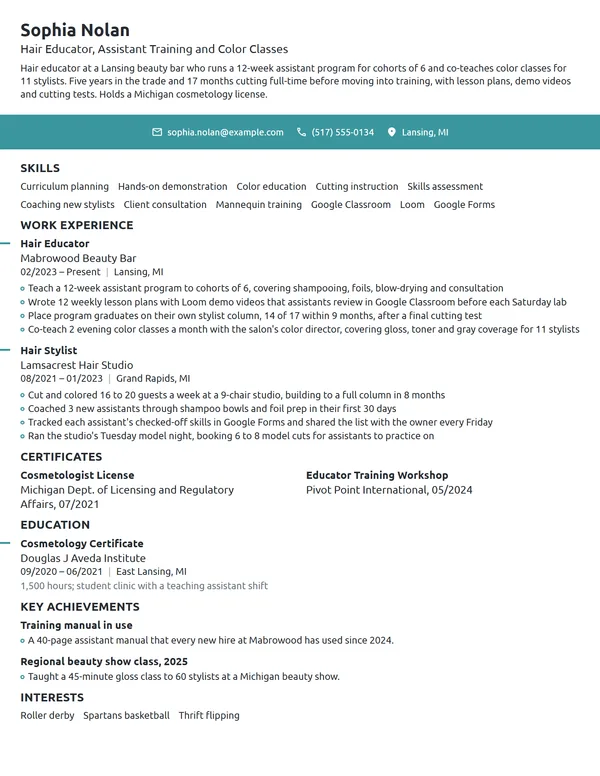 Hair Educator resume example