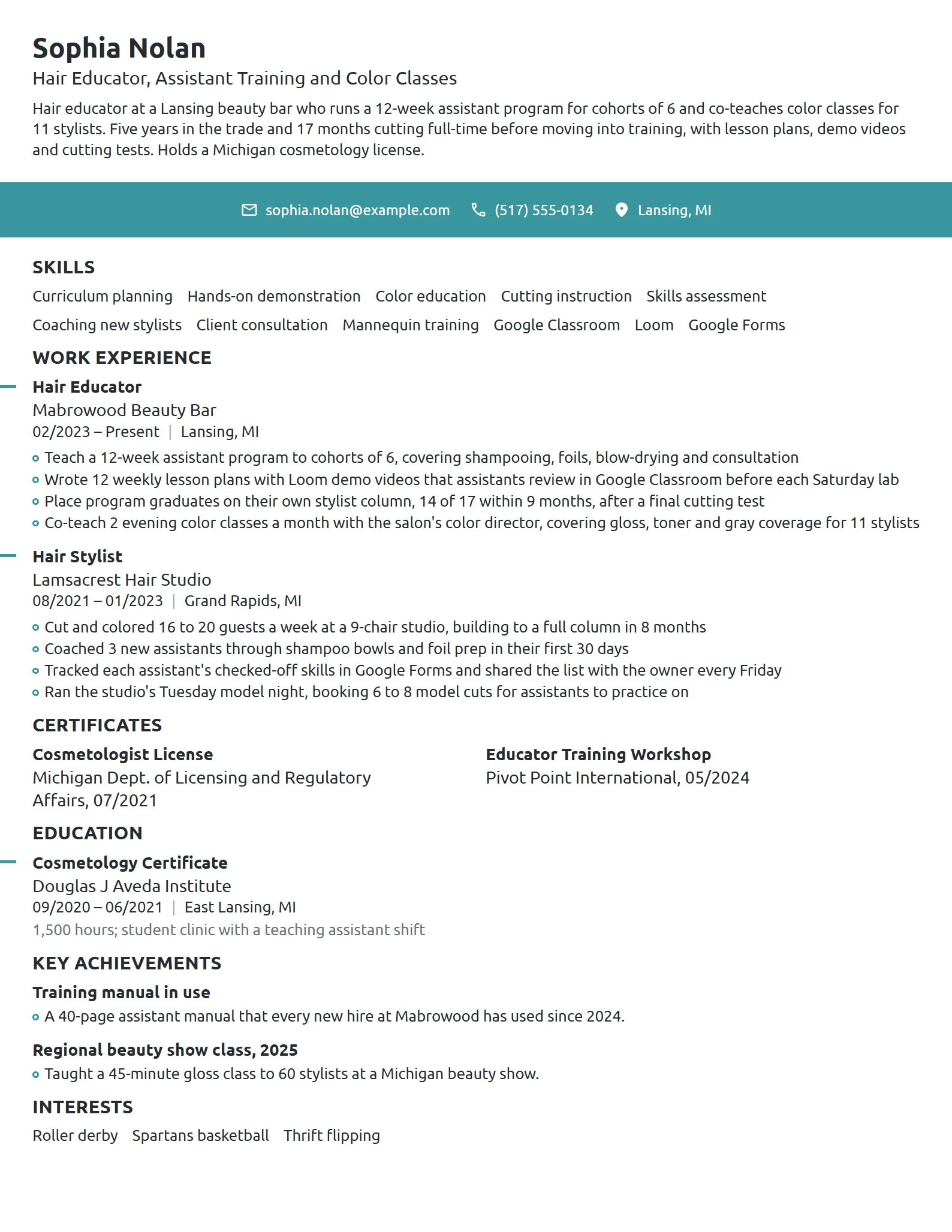 Hair Educator resume example