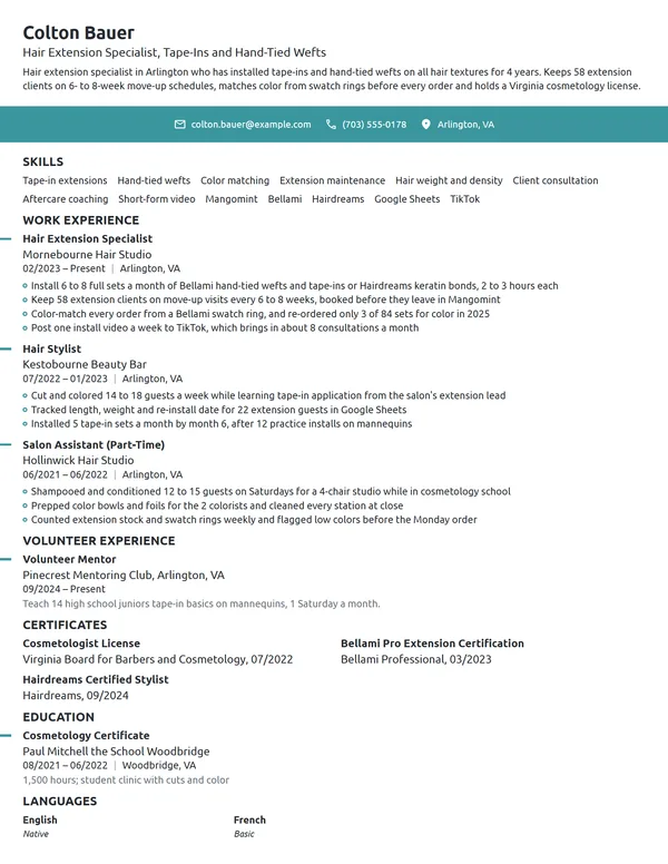 Hair Extension Specialist resume example