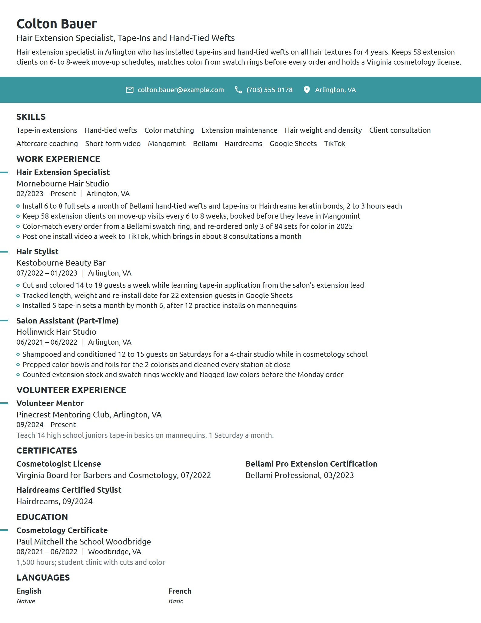 Hair Extension Specialist resume example