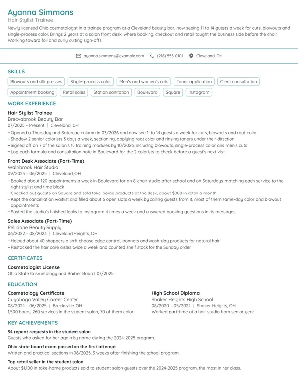 Hair Stylist Trainee resume example