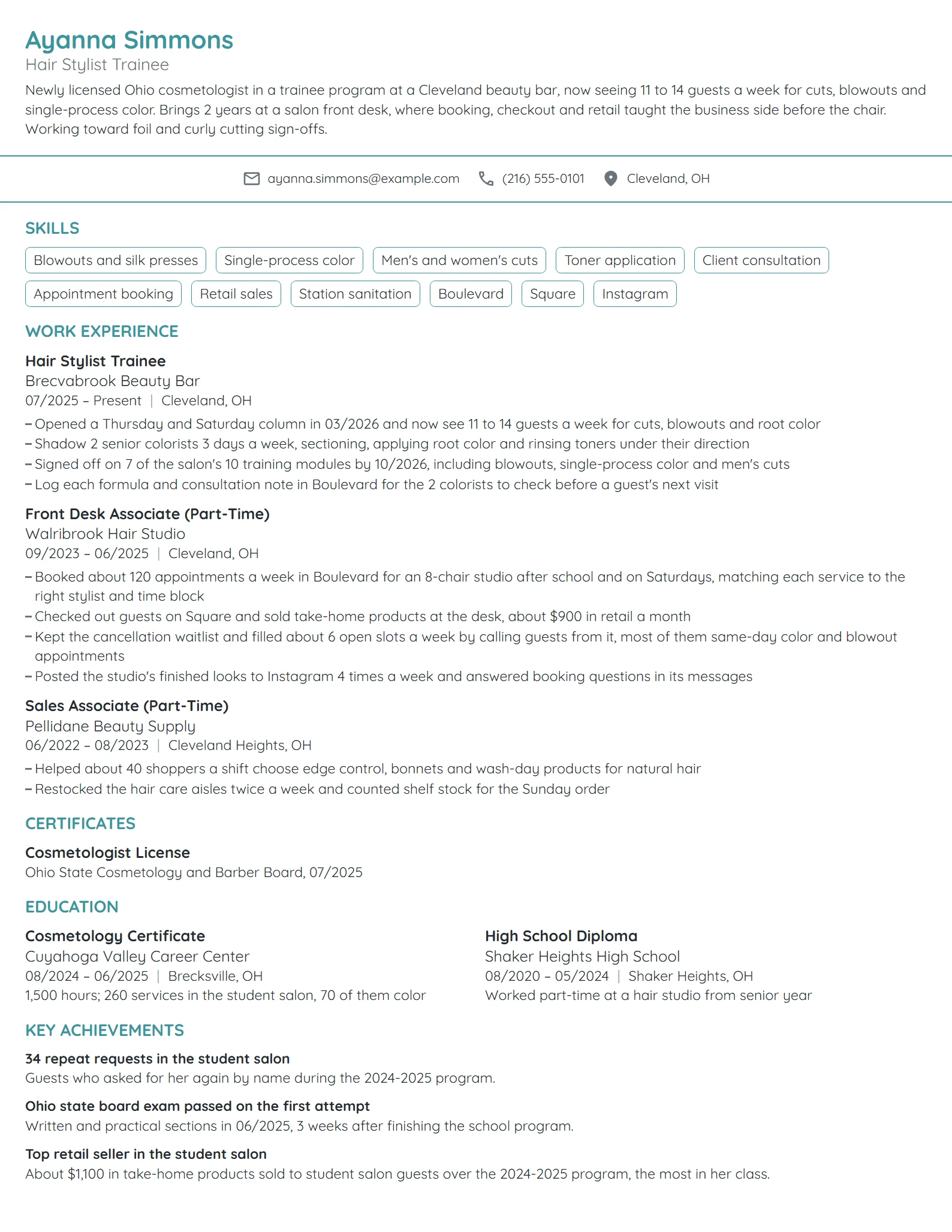 Hair Stylist Trainee resume example