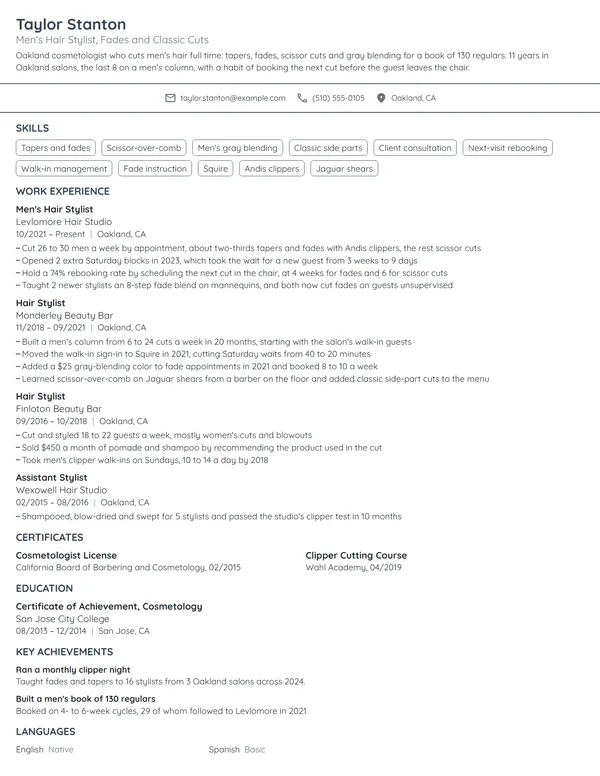 Men's Hair Stylist resume example