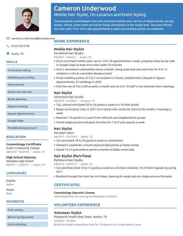 Mobile Hair Stylist resume example
