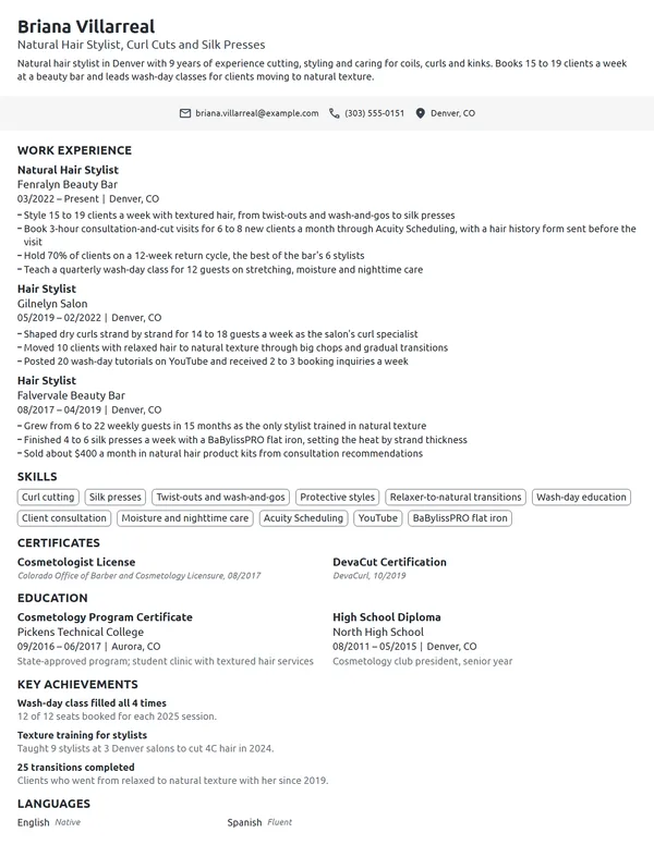 Natural Hair Stylist resume example