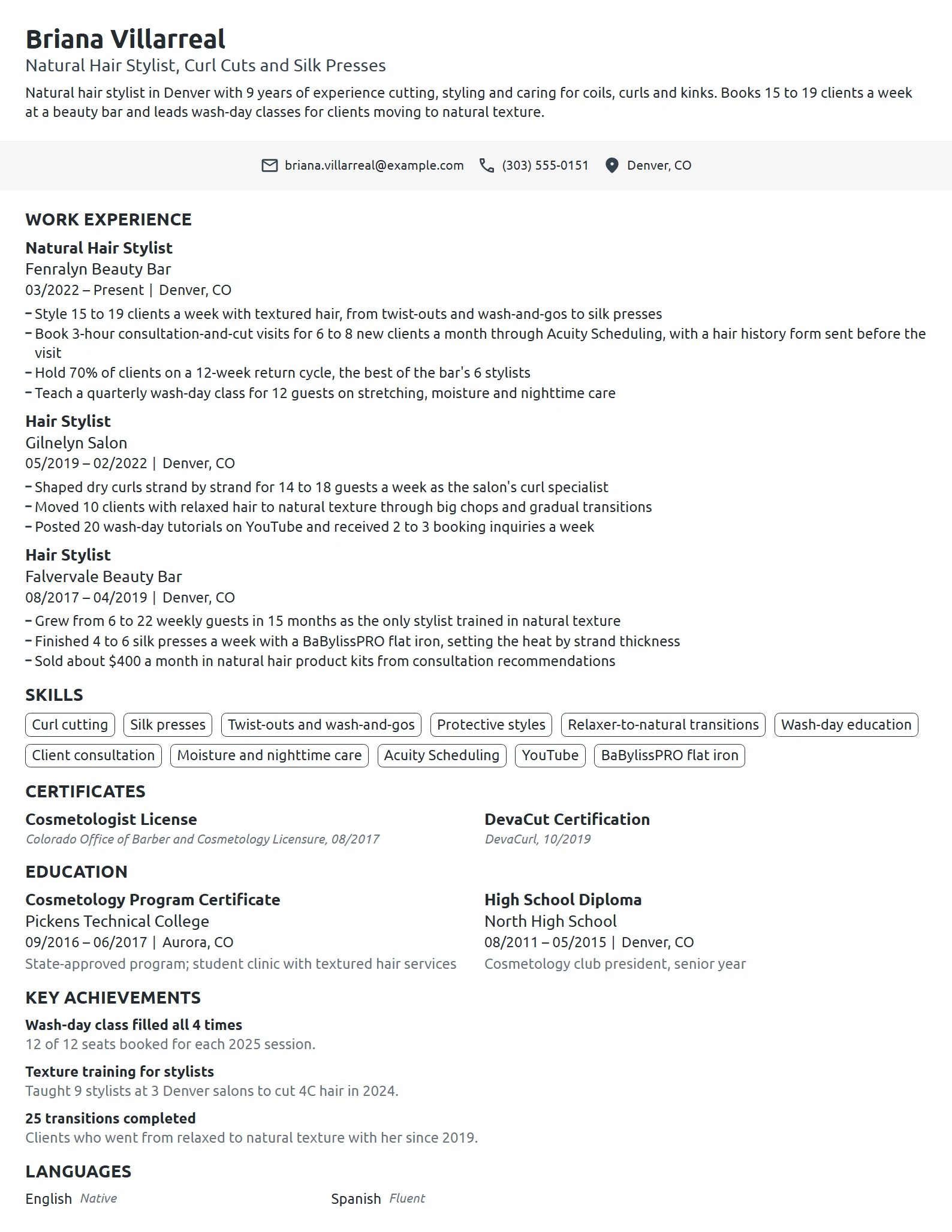Natural Hair Stylist resume example