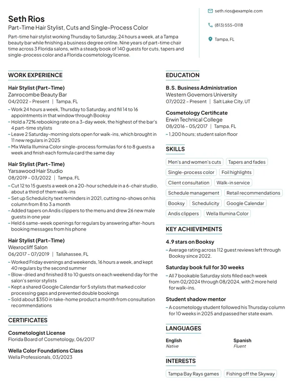 Part-Time Hair Stylist resume example