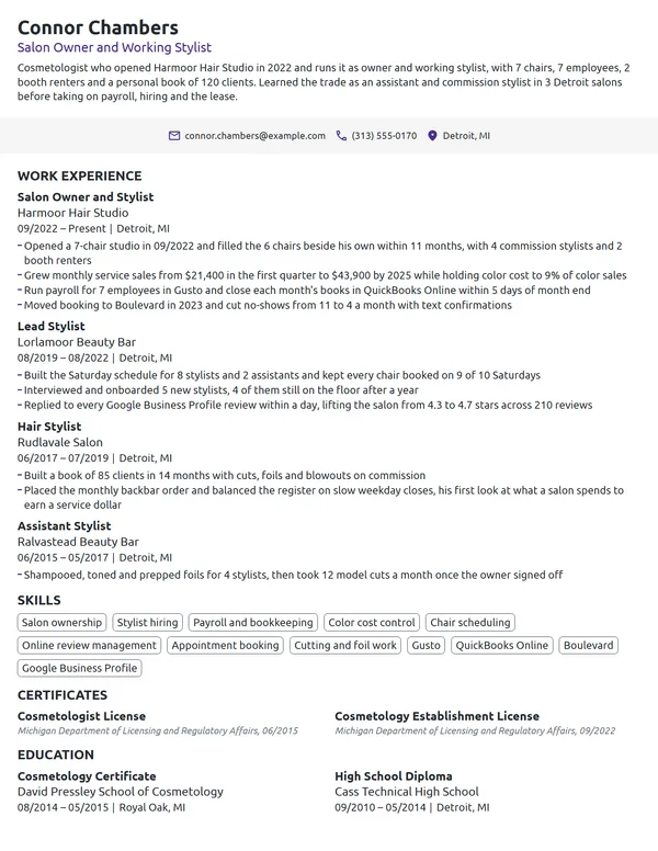 Salon Owner resume example