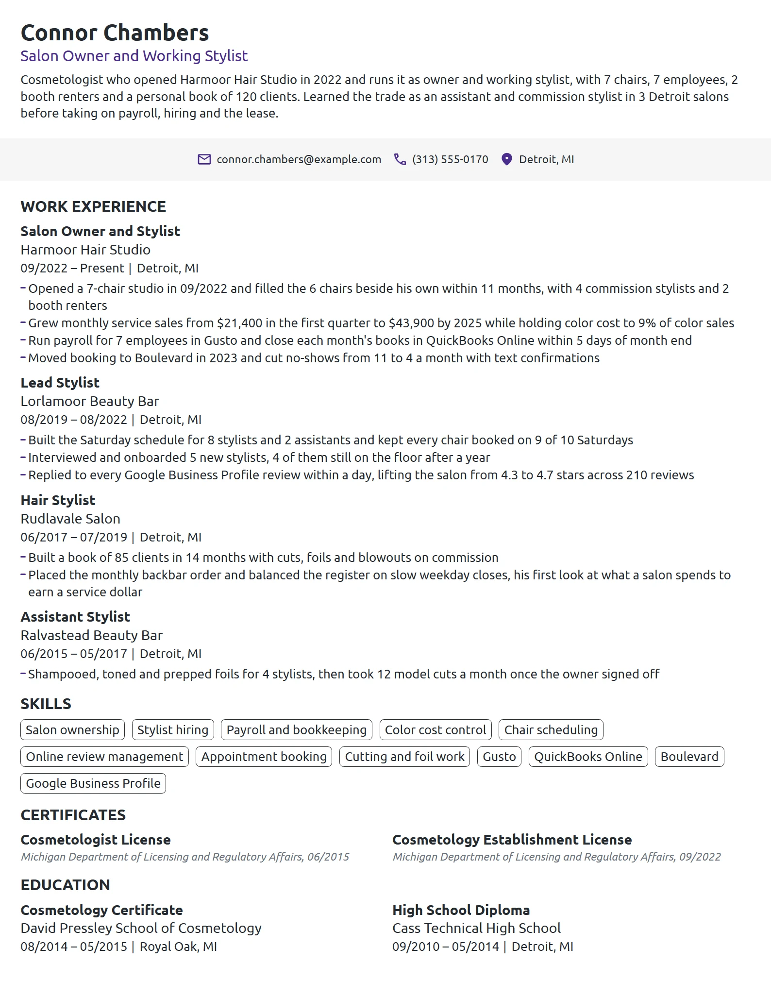 Salon Owner resume example