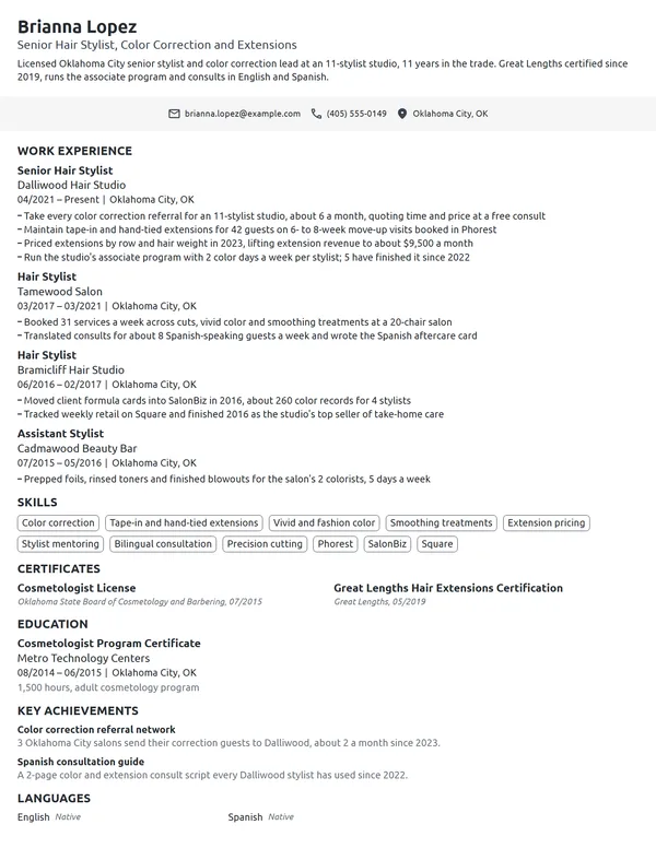 Senior Hair Stylist resume example