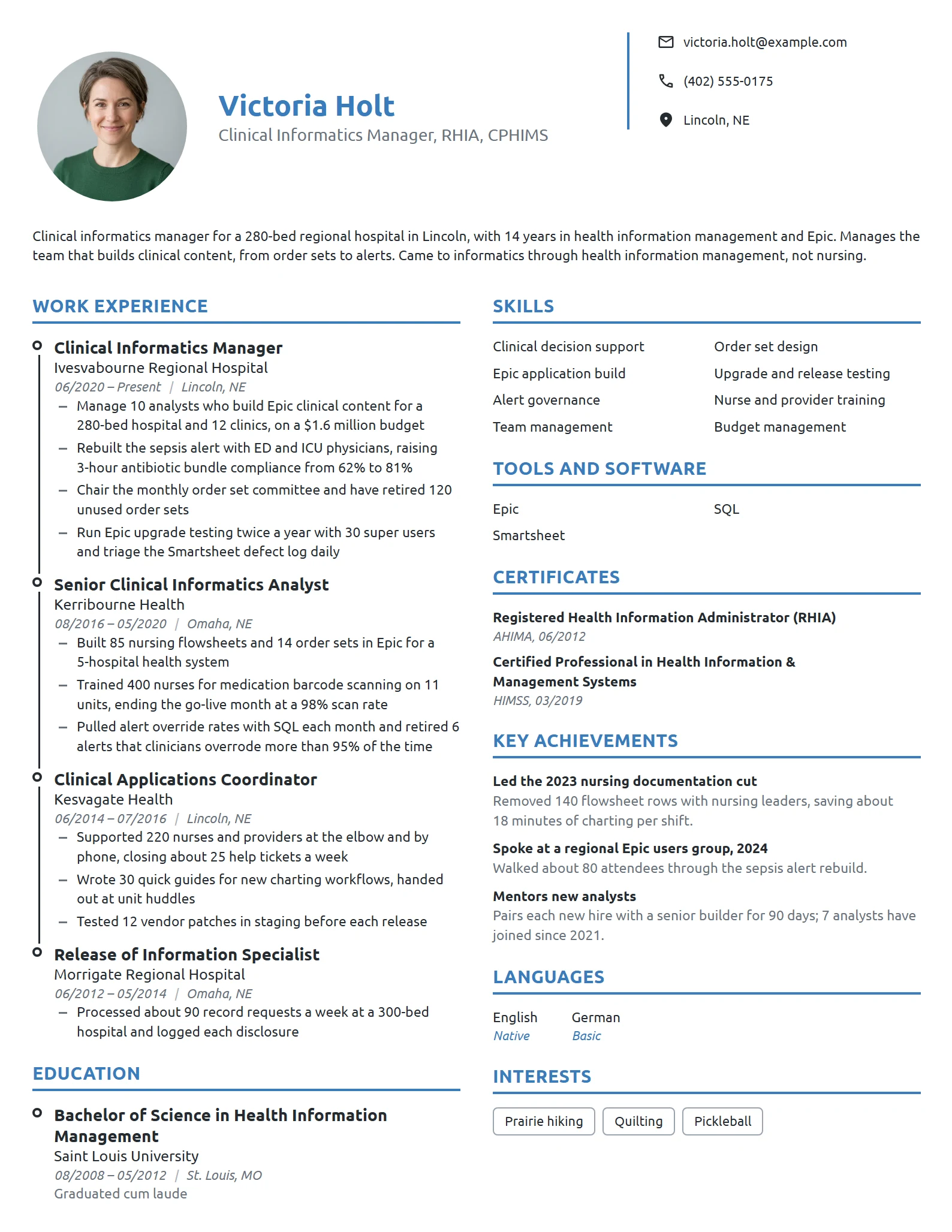 Clinical Informatics Manager resume example
