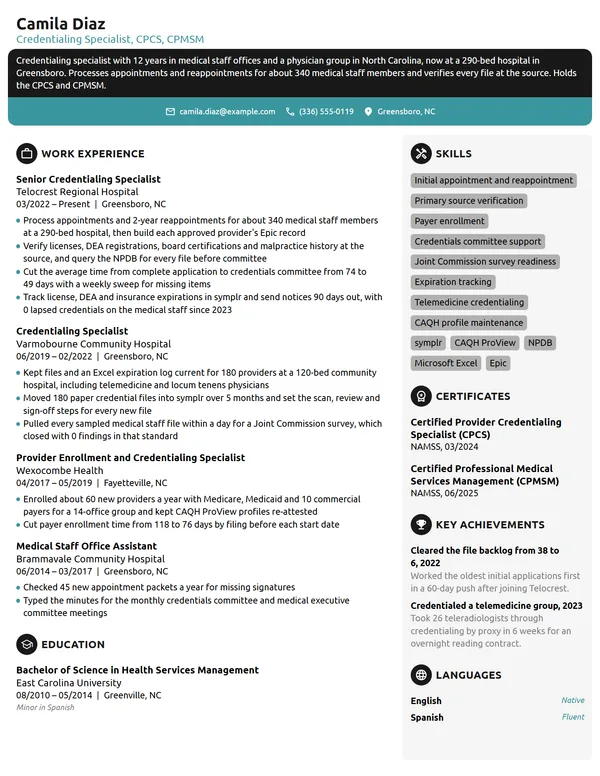 Credentialing Specialist resume example