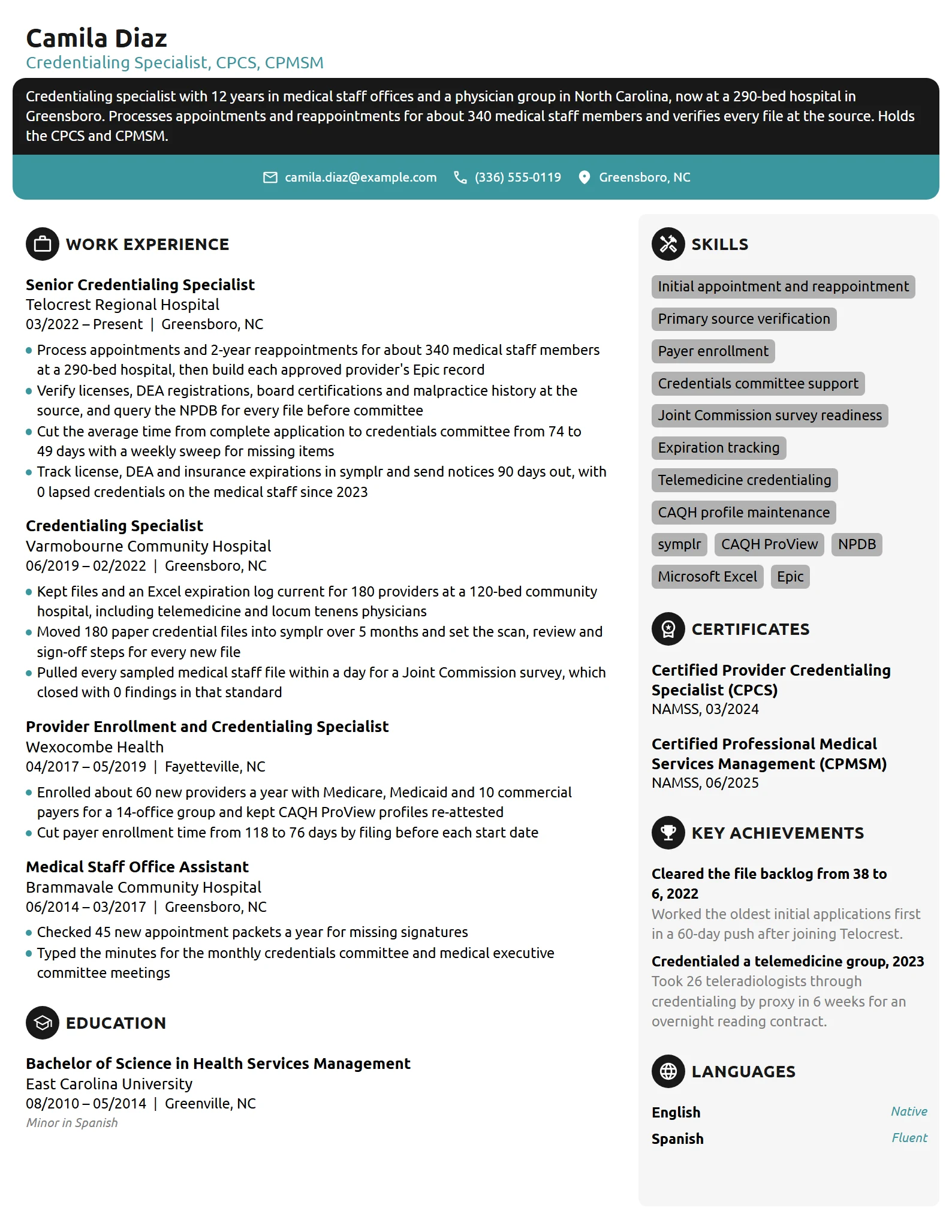 Credentialing Specialist resume example