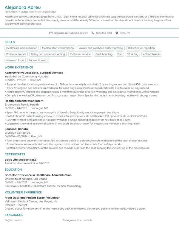 Entry-Level Healthcare Administrator resume example