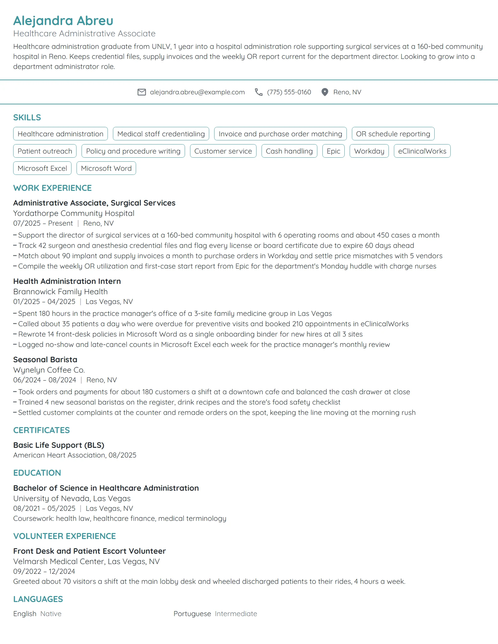 Entry-Level Healthcare Administrator resume example