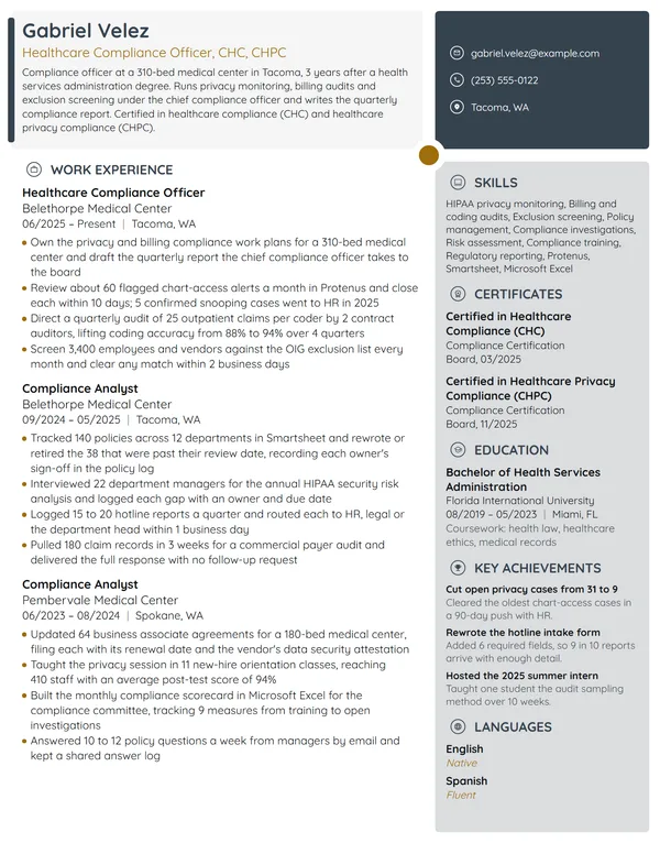 Healthcare Compliance Officer resume example