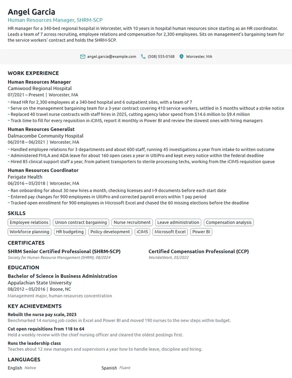 Healthcare HR Manager resume example